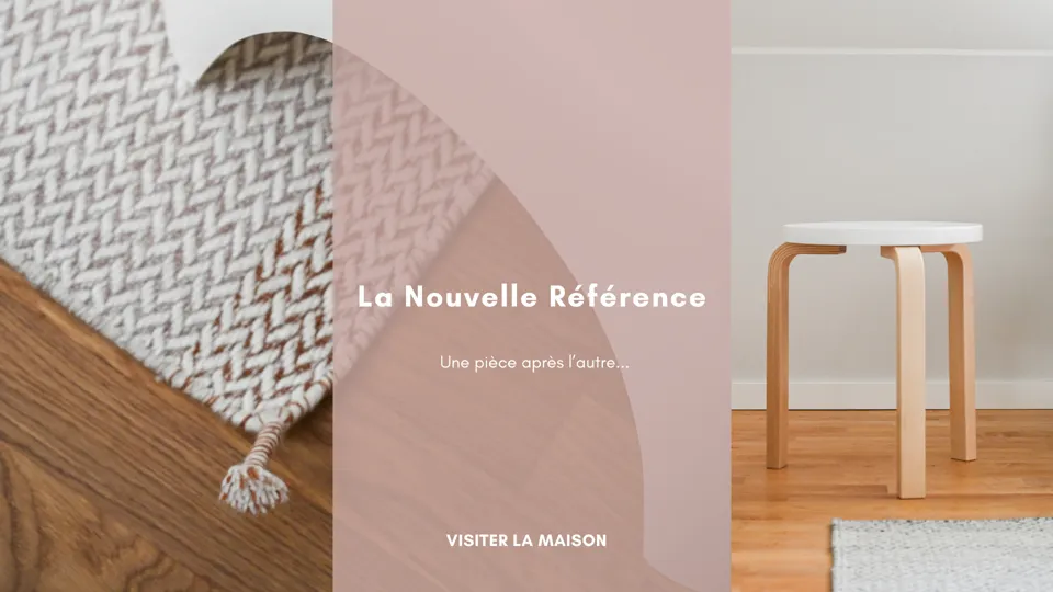 Promotional layout showing a textile, wood surface and stool.