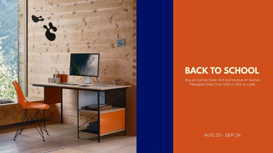 Promotional layout showing a desk, shelving and chair in an interior.