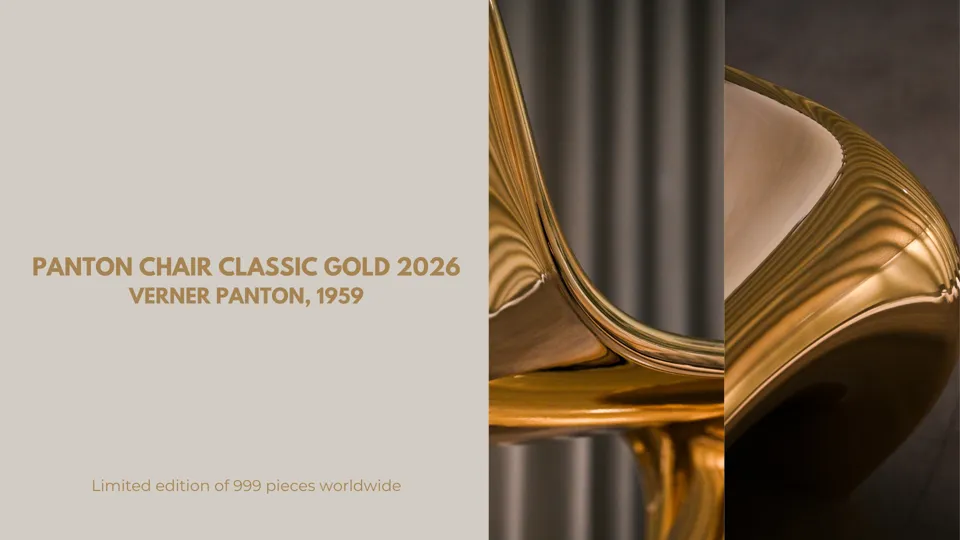 Promotional layout for a gold Panton Chair Classic edition.