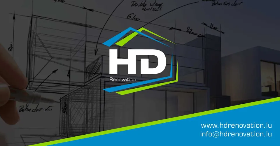 Logo HD Rénovation sur un arrière-plan de conception de bâtiment.