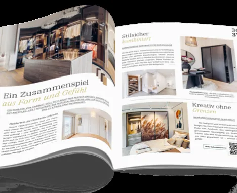 Open interior-design brochure showing fitted storage