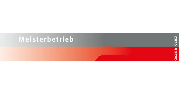 A horizontal red, gray and white graphic with the word “Meisterbetrieb”.