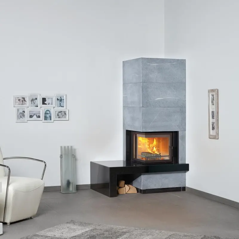 Built-in fireplace with a burning fire.