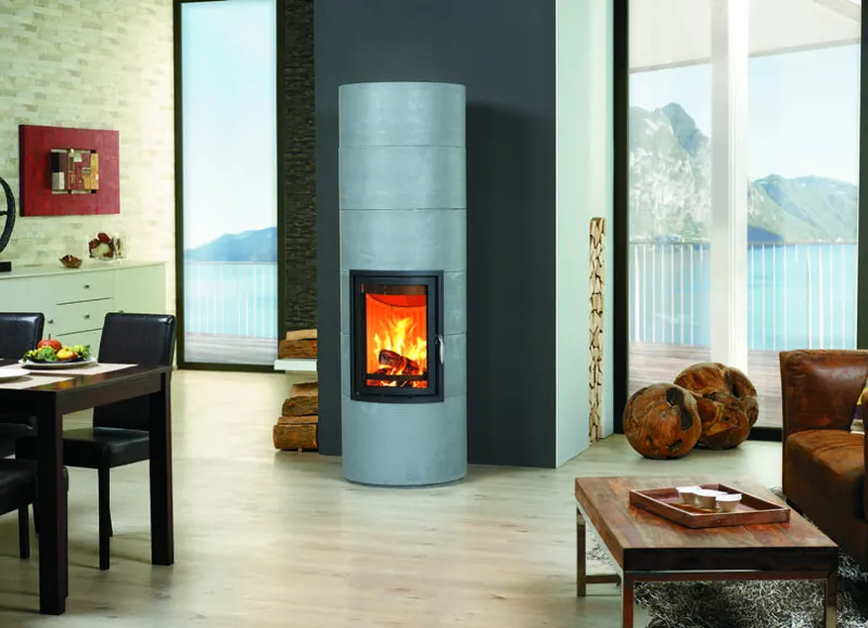 Built-in fireplace burning in a modern living area.