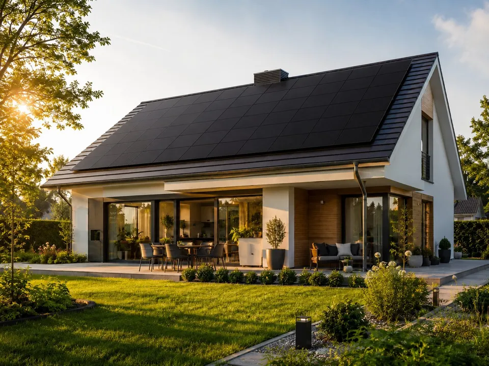 House with a roof covered in solar panels.