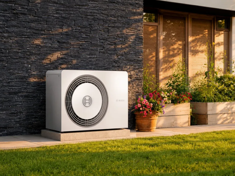 Outdoor heat pump beside a house.
