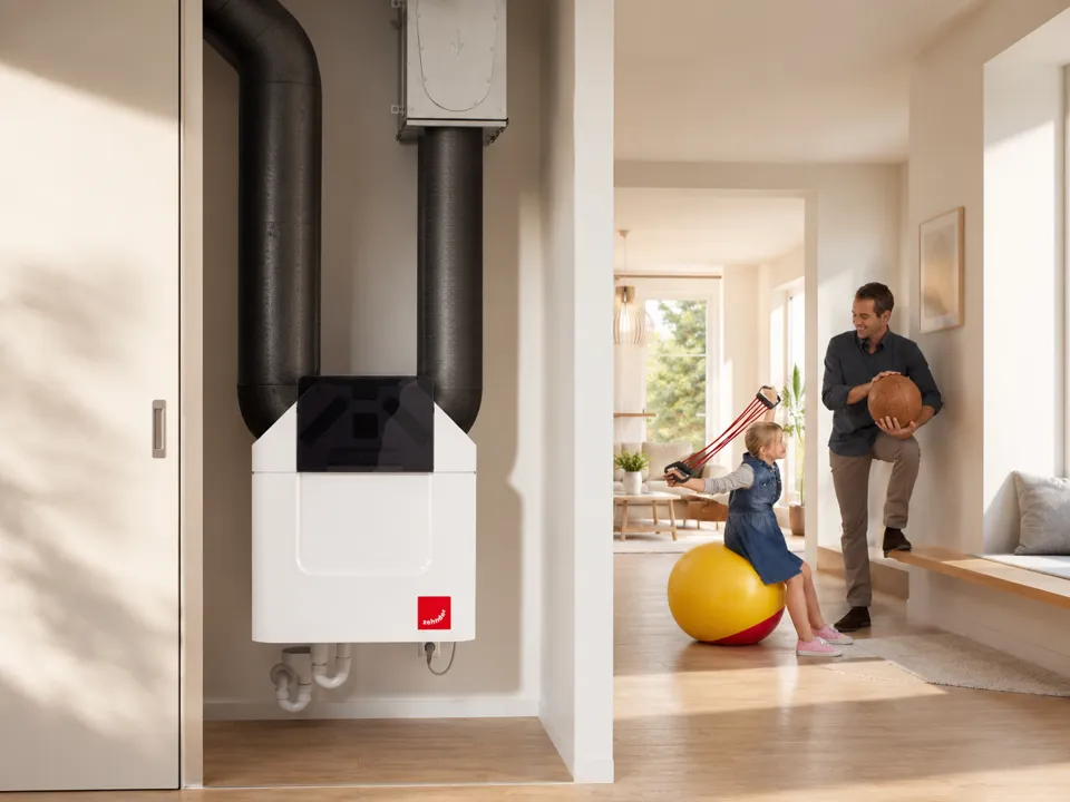 Ventilation unit with connected ducts in a home.