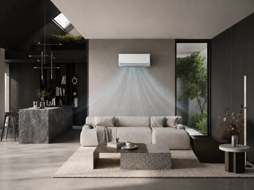 Wall-mounted air-conditioning unit in a living room.