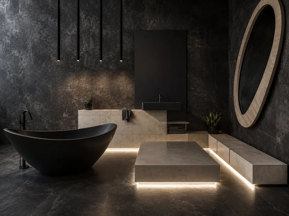 Modern bathroom with a freestanding bathtub and basin.
