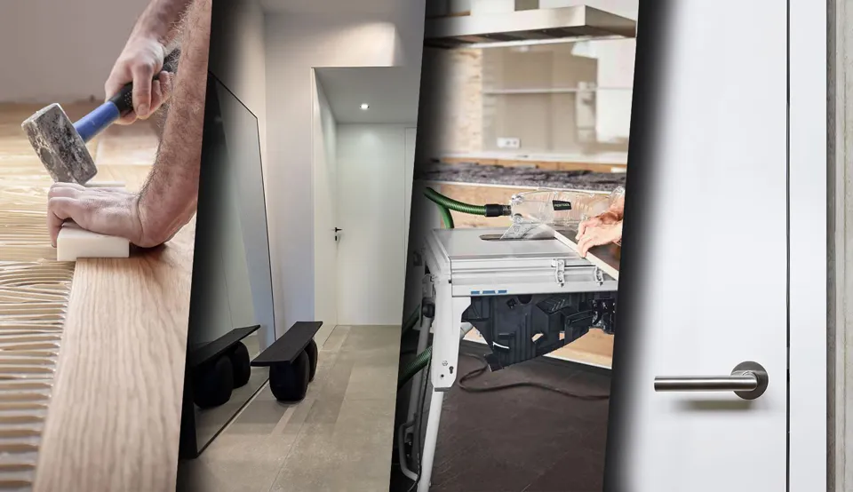 Collage showing renovation and installation details, including a door and kitchen work.