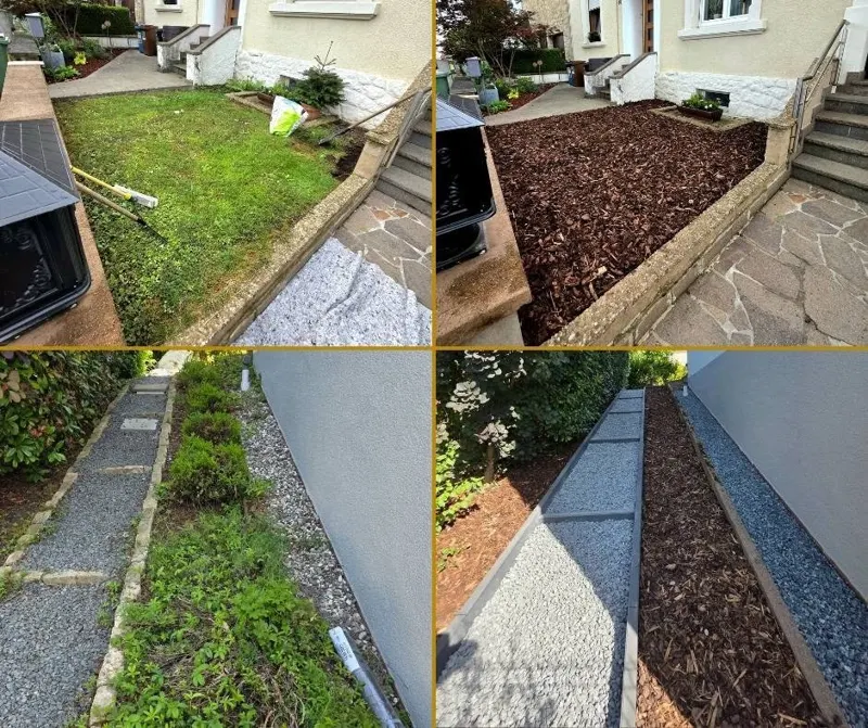 Before-and-after views of garden beds and paths, with vegetation replaced by mulch and gravel.