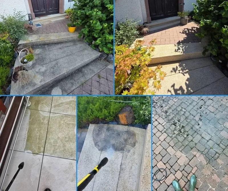 Before-and-after views of outdoor steps, paving, and a pressure-washed surface.