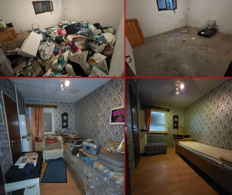 Before-and-after views of a cluttered room and a cleared room, plus a furnished room comparison.