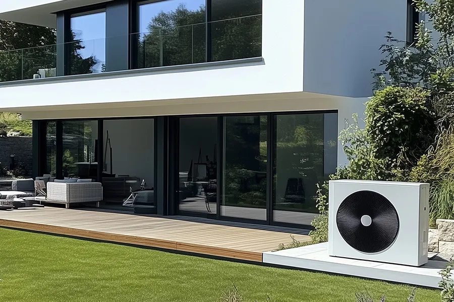 Baussenunitéit vun enger Wärmepompel nieft engem moderne Haus.