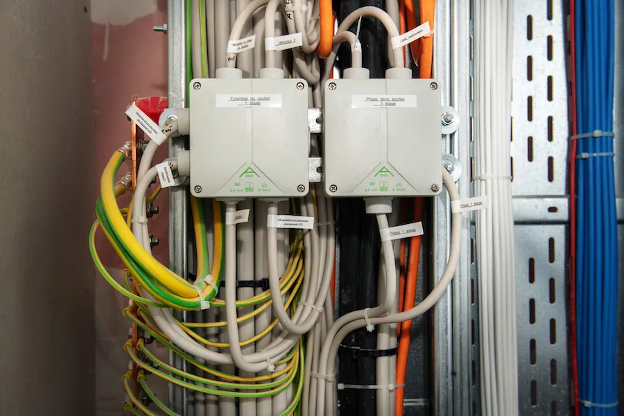 Komponente vun enger elektrescher Verdeelung mat ordentlecher Verkabelung.