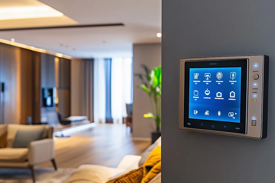Wandmontéiert Smart-Home-Steierung an engem Wunnraum.