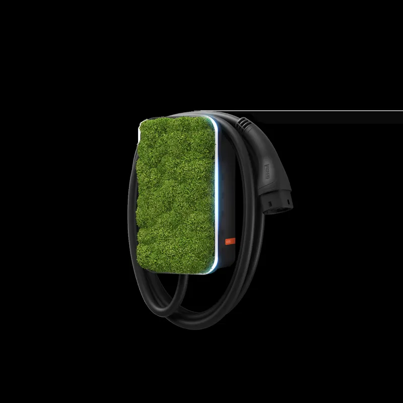 Wall-mounted electric vehicle charger with cable.