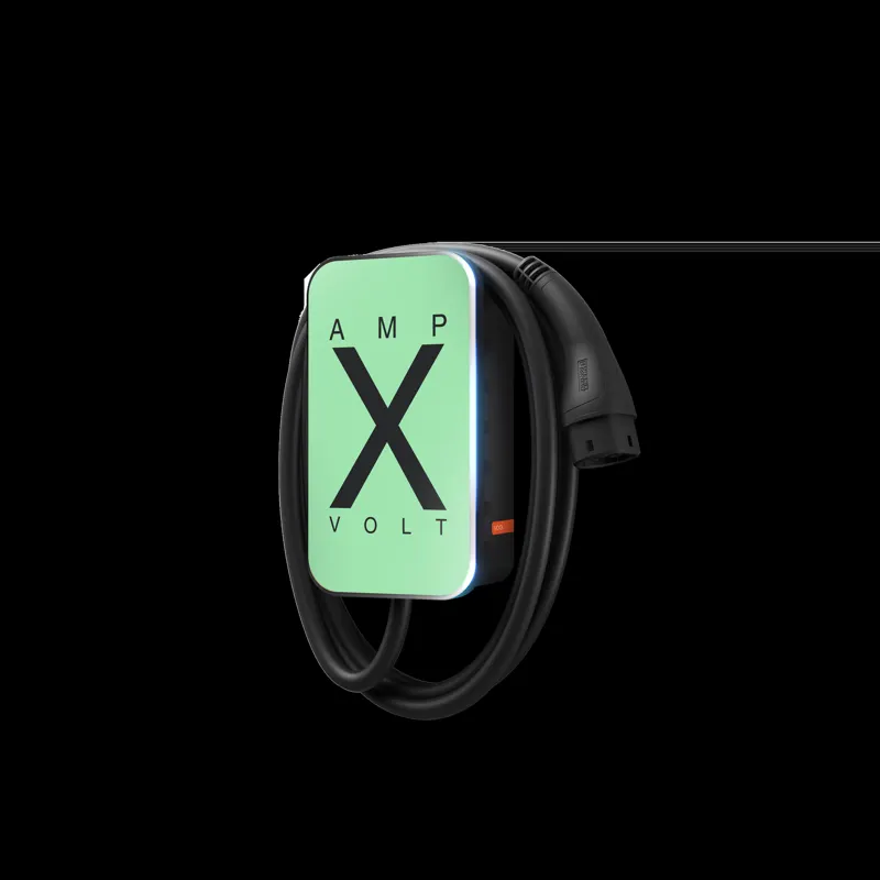 Wall-mounted electric vehicle charger with cable.
