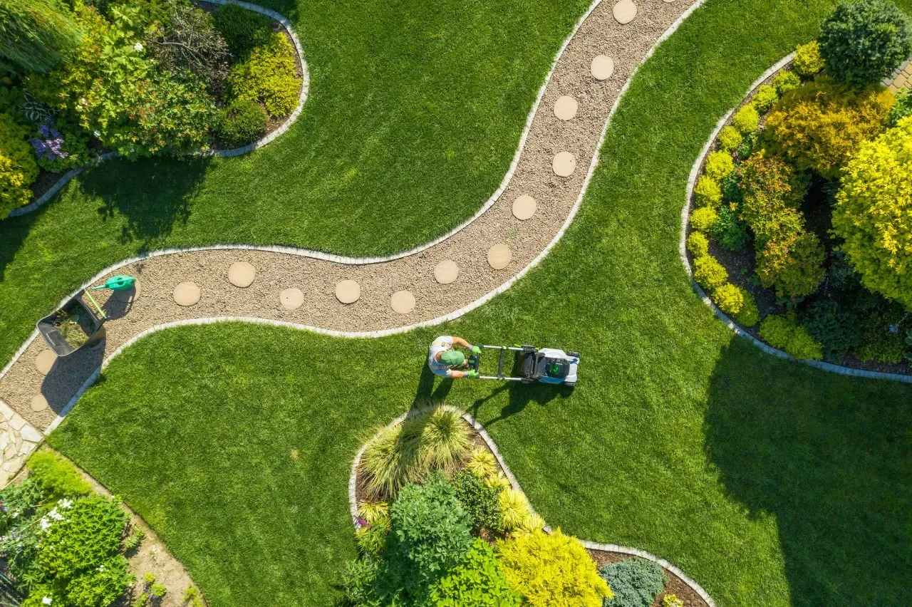 Mowing a landscaped garden, seen from above