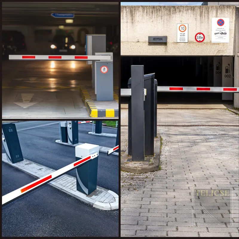 Vehicle access barriers at parking and garage entrances.