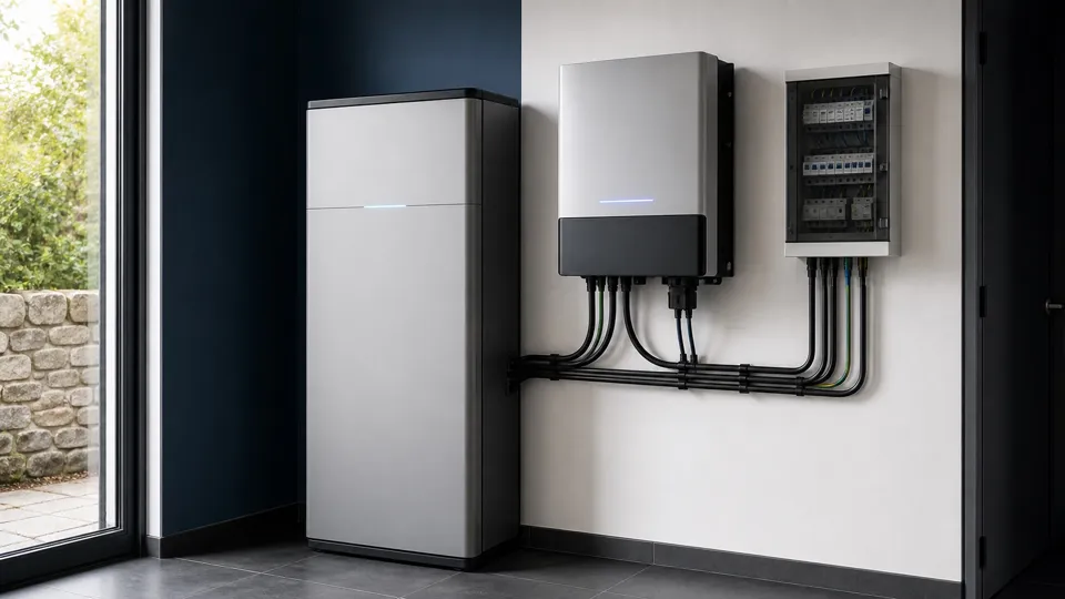 Energy storage unit and inverter installed indoors.