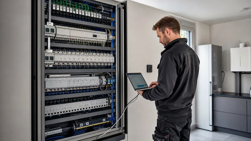 Technician testing an electrical control panel.