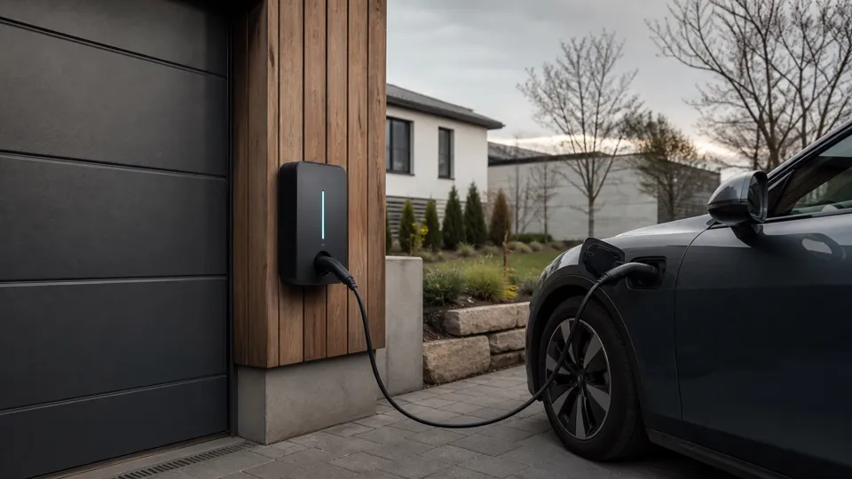 Electric vehicle connected to a wallbox charger.