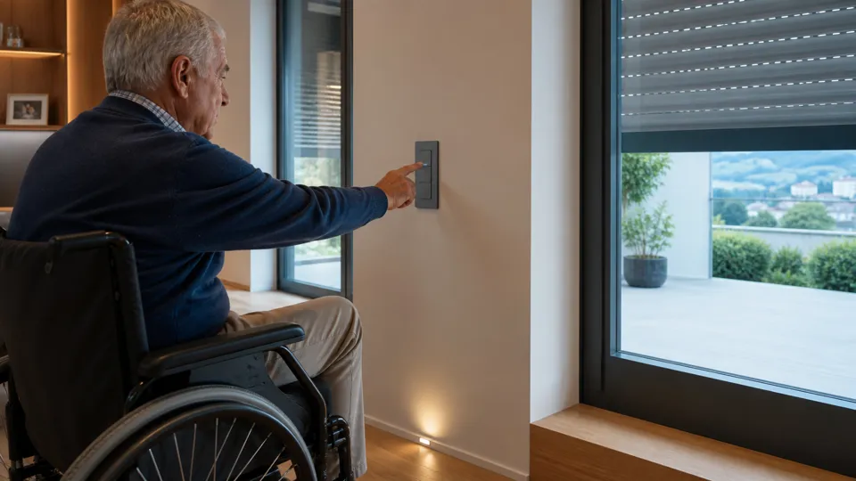 Person operating a wall control beside a window.