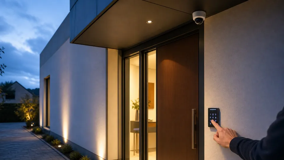 Keypad and camera at a modern entrance.