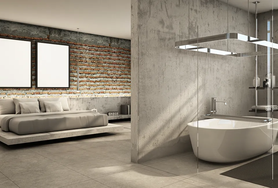 Modern bathroom with a freestanding bathtub and wall-mounted fixtures.